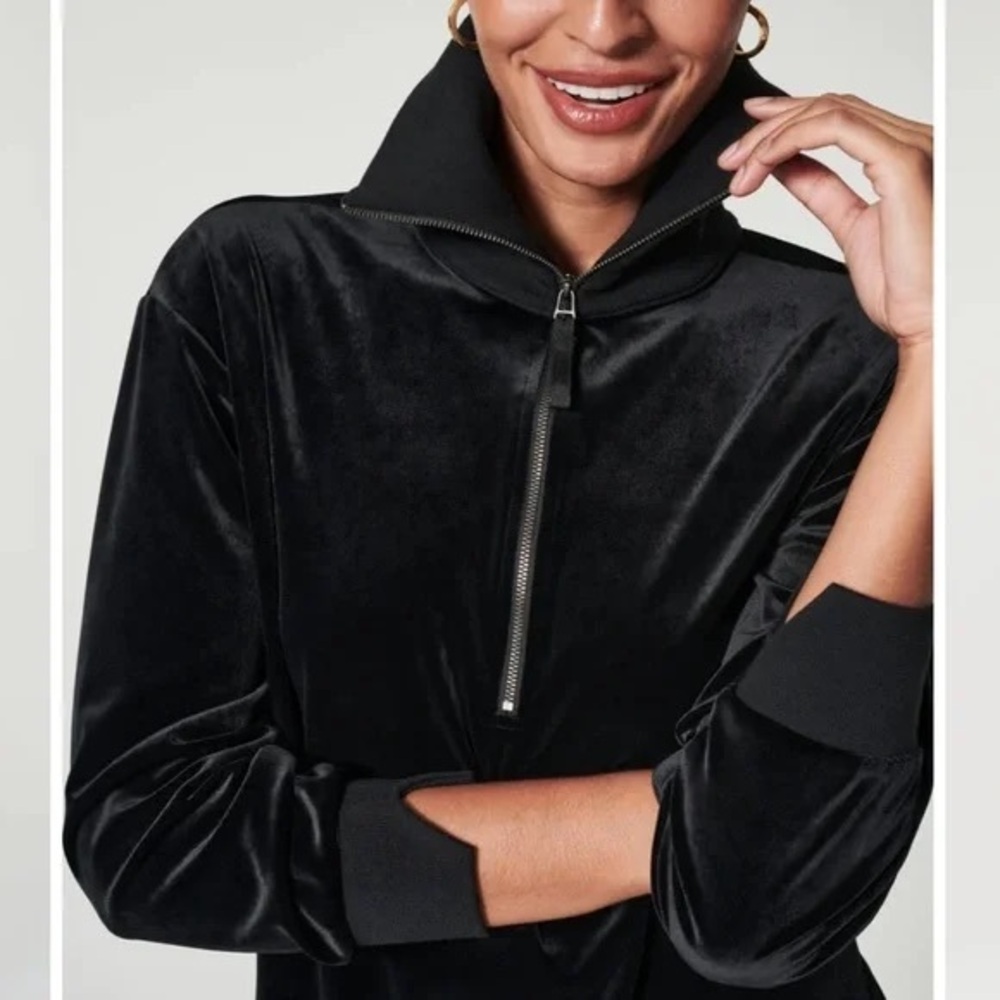 Spanx Black Velvet Half Zip Pullover Jacket Top Women's Size Large